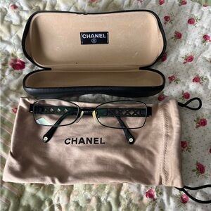 CHANEL Black Metal Rectangular Eyeglasses with Lattice Temples